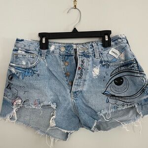 Zara Distressed Denim Shorts with Fun Print size 4